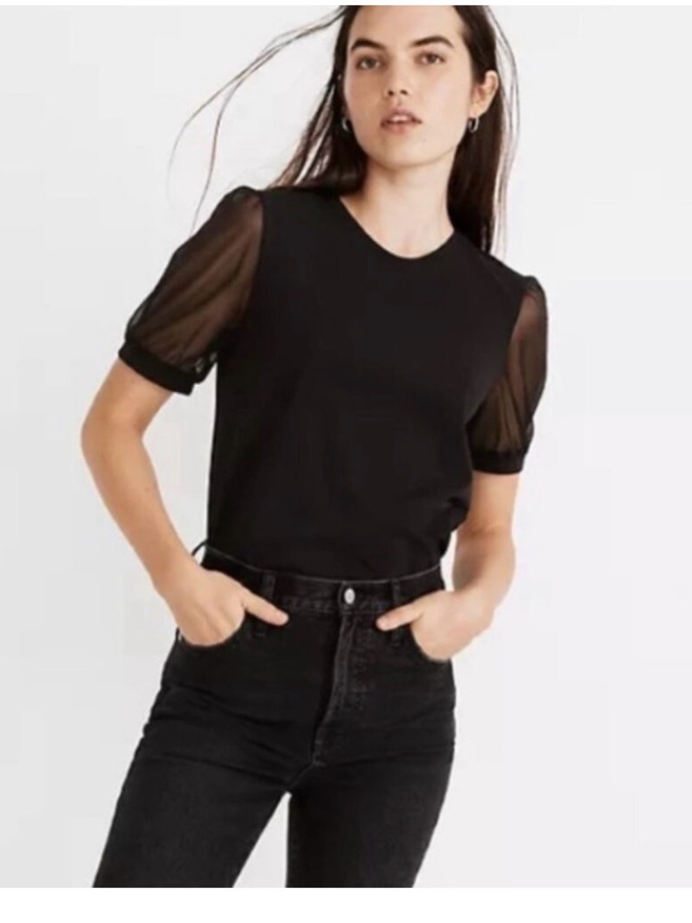 Madewell Black Mesh Puff Sleeve Sheer Cotton Short Sleeve TShirt